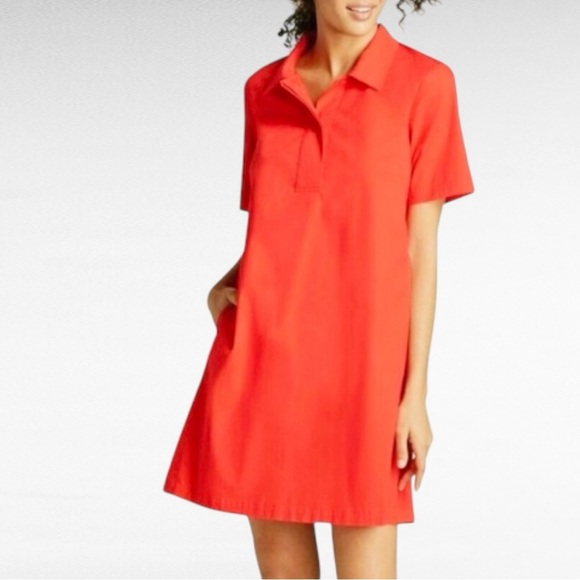 Eileen Fisher | Classic Collar Organic Cotton Stretch Poplin Pebble Orange Dress - Picture 1 of 4